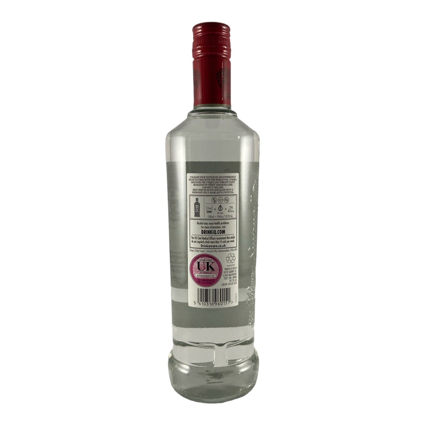 Smirnoff Spicy Tamarind Vodka bottle with label and cap, showcasing the spicy tamarind flavor in a clear glass bottle.