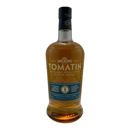 Tomatin Single Malt Whisky in a 1L bottle, featuring bourbon and sherry cask aging, with a clear label and golden liquid visible.