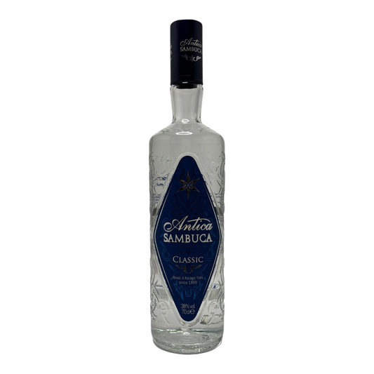 Bottle of Antica Sambuca liqueur with a dark label and clear glass, showcasing the smooth, aromatic spirit inside.