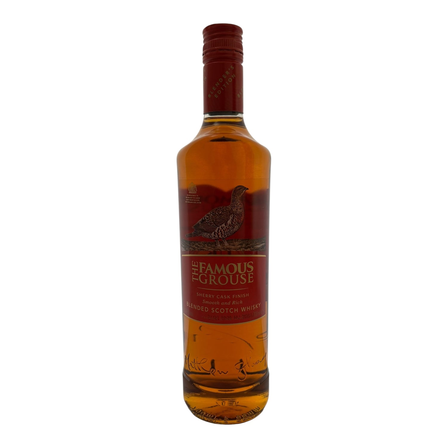 Famous Grouse Sherry Cask blended whisky bottle with label, showcasing the rich amber color and branding details.