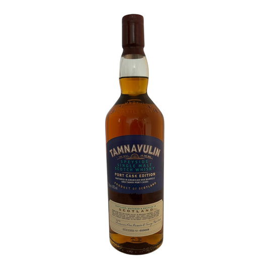 Tamnavulin Port Cask single malt whisky in a glass bottle with label, showcasing rich amber color and elegant packaging.