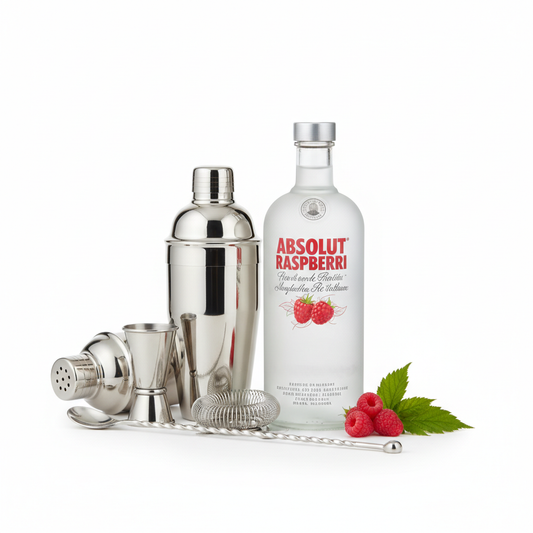 Dramante Drinks Raspberri Vodka Cocktail Starter Bundle with bottles and cocktail accessories on a white background.