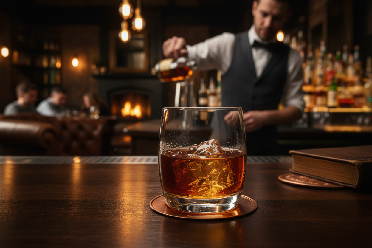 Whiskey in sophisticated bar setting